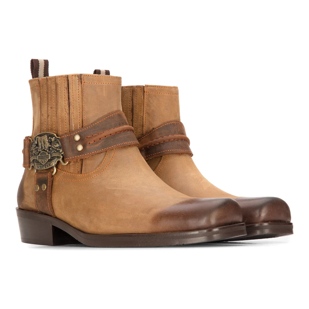 Bota masculina estilo cowboy ocidental, cor caramelo, bico quadrado vintage, para caça, trilhas, montaria e motociclismo.