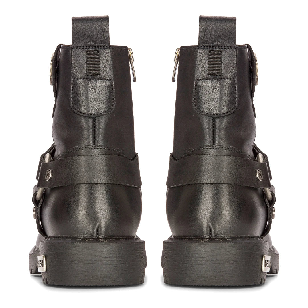 Botas masculinas de couro preto para motociclista, estilo western rock punk, com biqueira de metal.