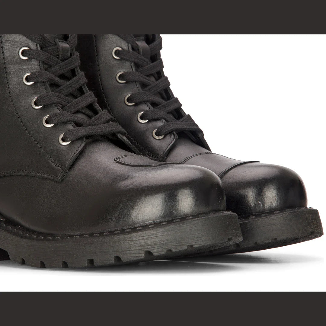 Botas masculinas de couro preto para motociclista, estilo western rock punk, com cadarço, cano curto, estilo militar.