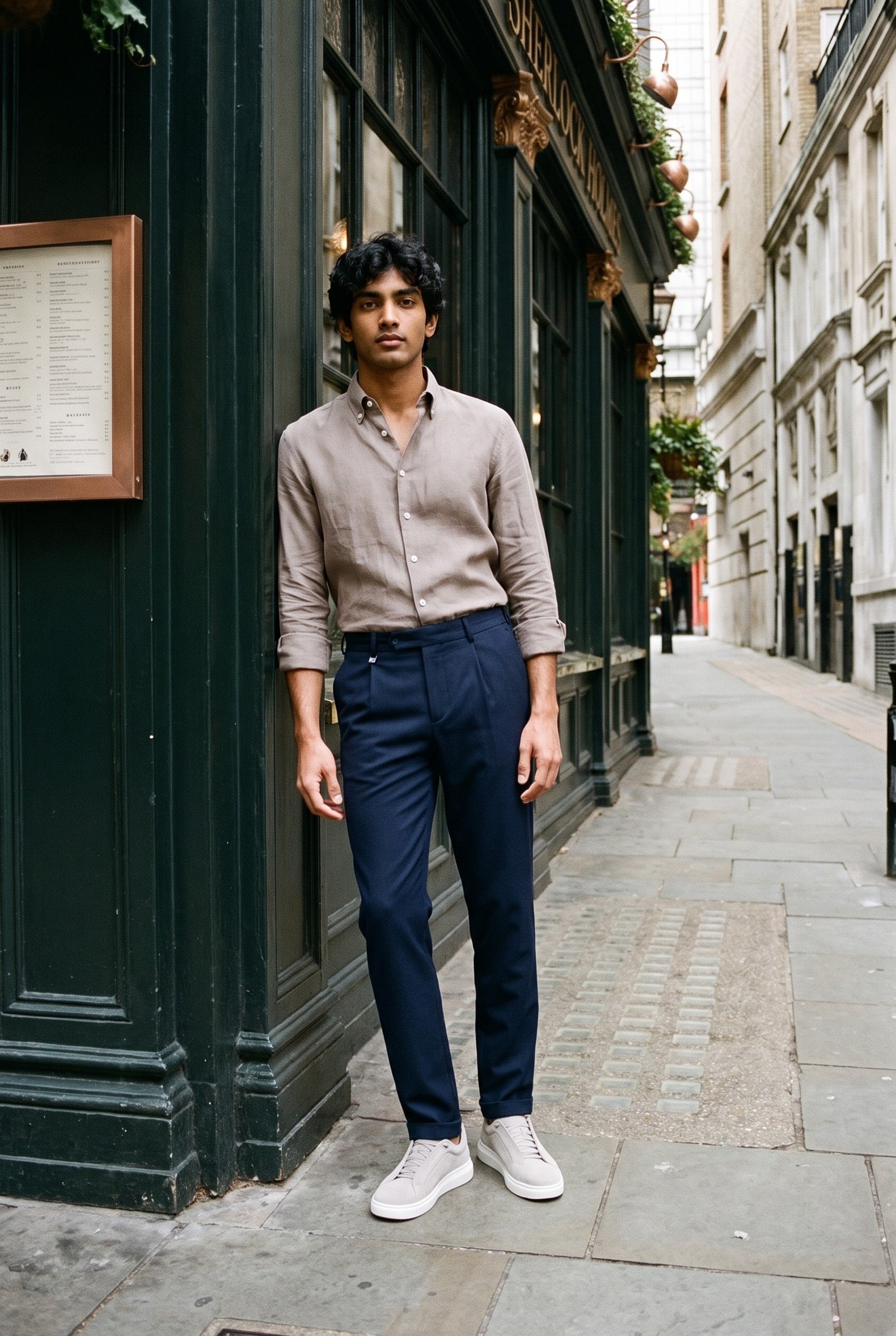 Look #1017 styled with Calças Gurkha masculinas azul-marinho com pregas, cintura ajustável e corte afunilado.
