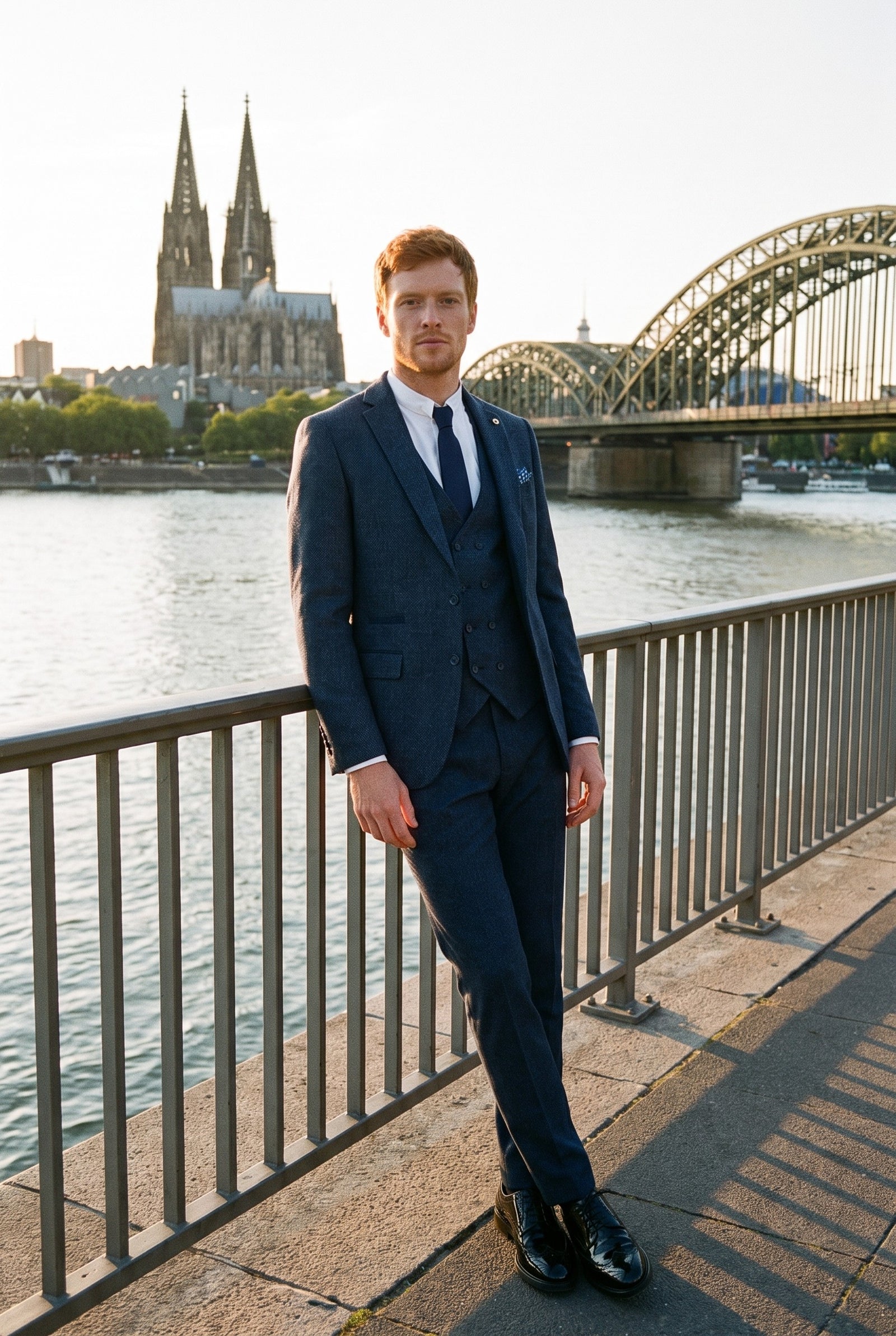 Look #382 styled with Terno masculino azul-marinho de 3 peças com colete de abotoamento duplo.