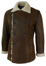 Jaqueta masculina vintage marrom de pele de carneiro alemã autêntica, modelo de abotoamento duplo, estilo marinheiro.