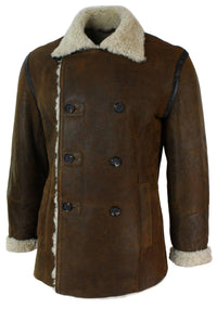Jaqueta masculina vintage marrom de pele de carneiro alemã autêntica, modelo de abotoamento duplo, estilo marinheiro.