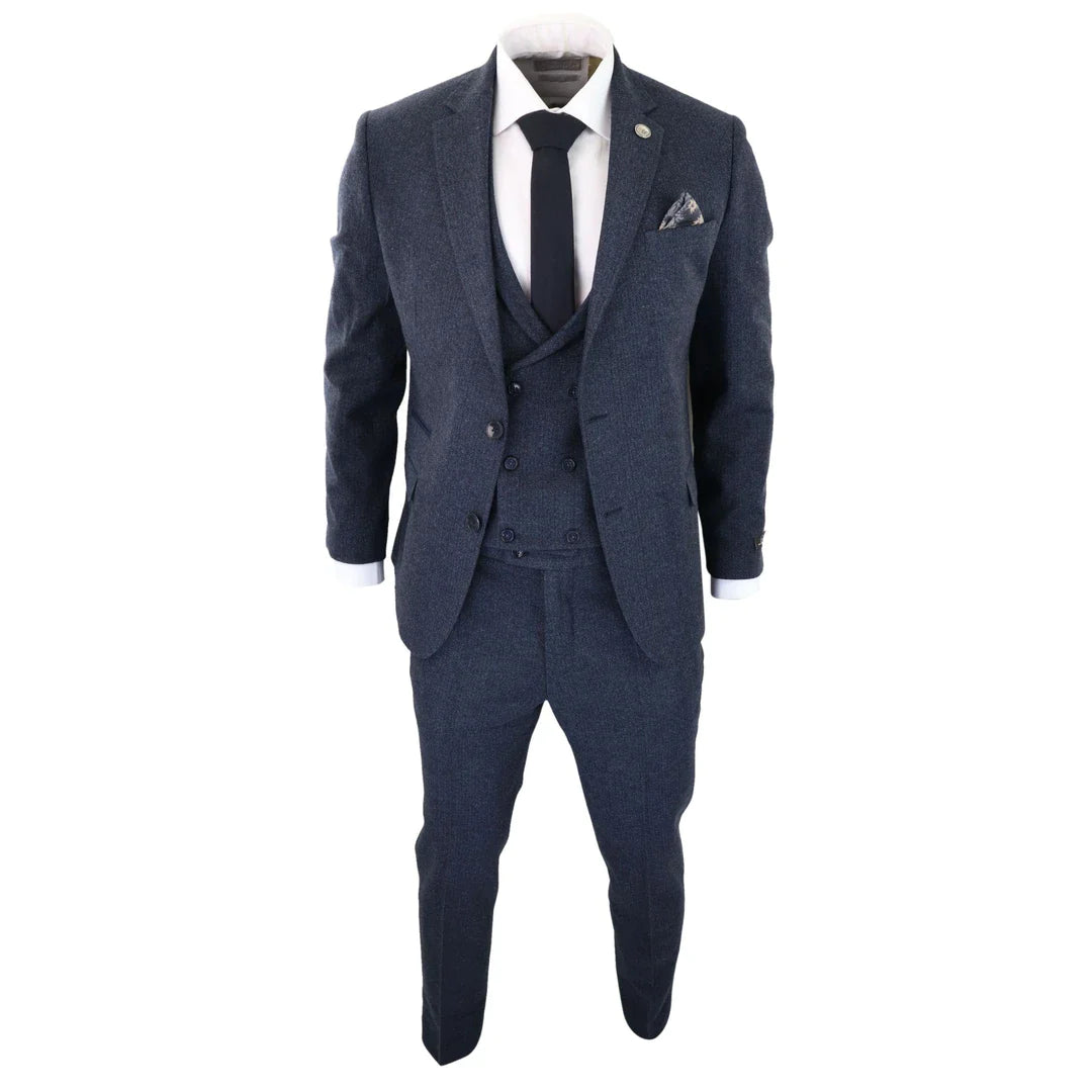 Terno masculino de 3 peças em tweed azul espinha de peixe