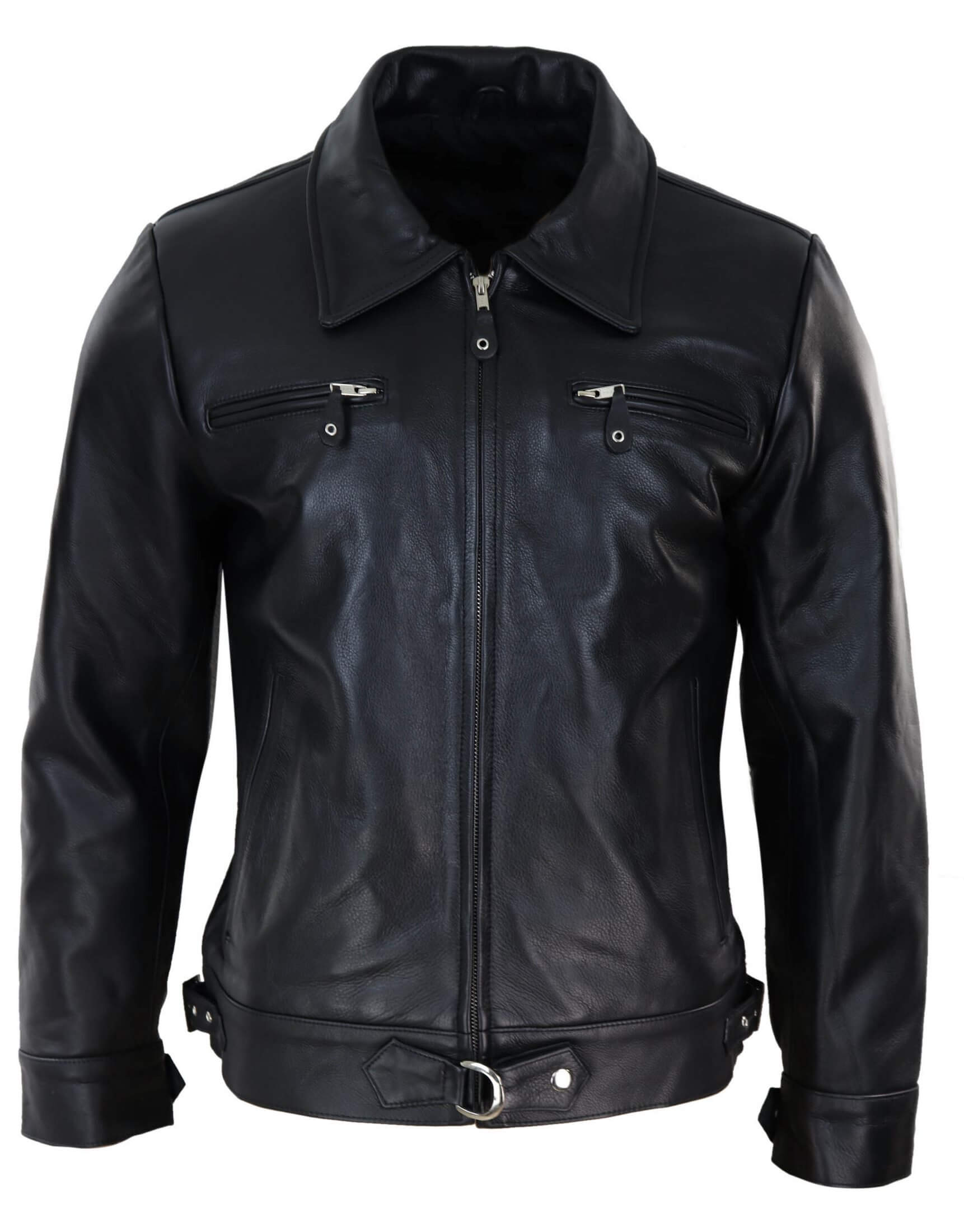 Jaqueta masculina clássica de couro preto e marrom