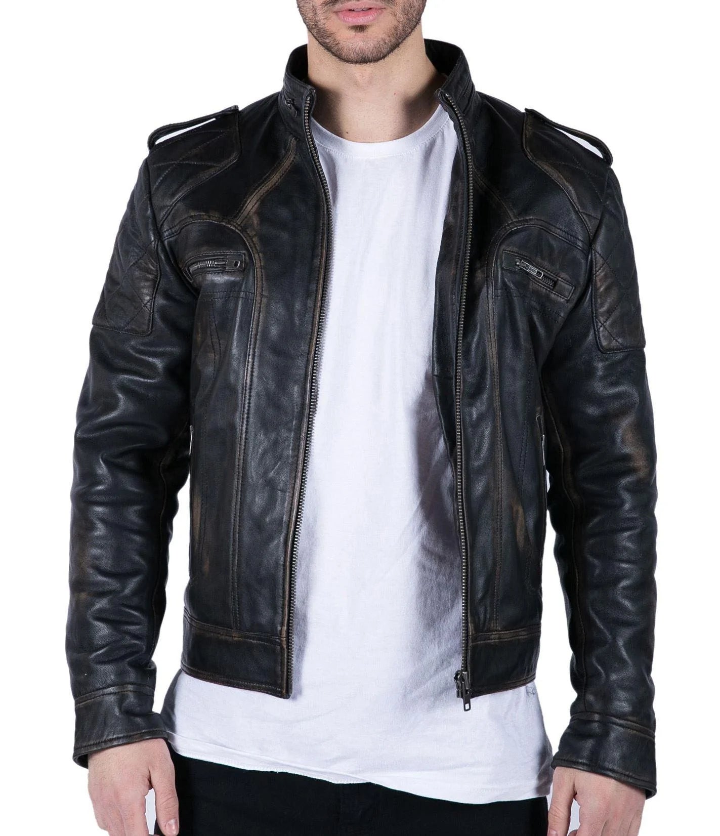 Jaqueta masculina retrô de couro legítimo preta e marrom lavada, estilo racer, com zíper e modelagem slim.