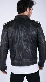 Jaqueta masculina retrô de couro legítimo preta e marrom lavada, estilo racer, com zíper e modelagem slim.