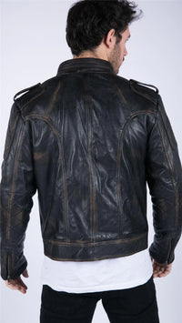 Jaqueta masculina retrô de couro legítimo preta e marrom lavada, estilo racer, com zíper e modelagem slim.