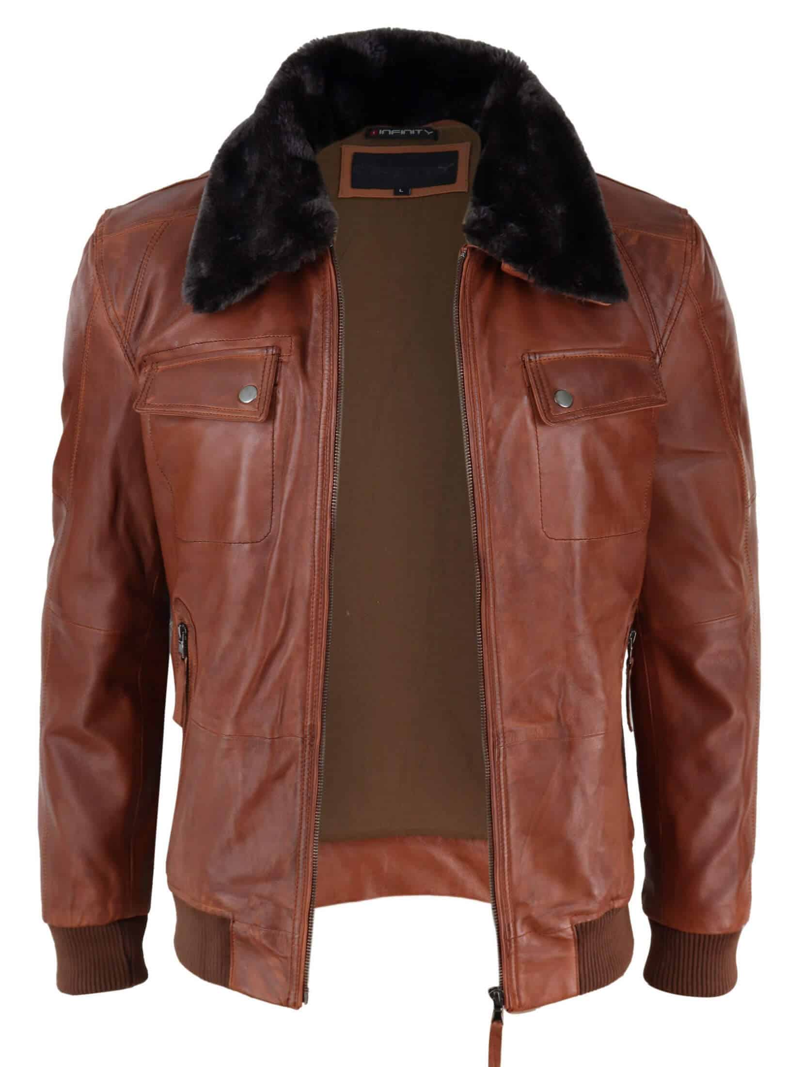 Jaqueta de couro estilo piloto masculina, modelagem slim fit, em tom marrom ferrugem lavado.