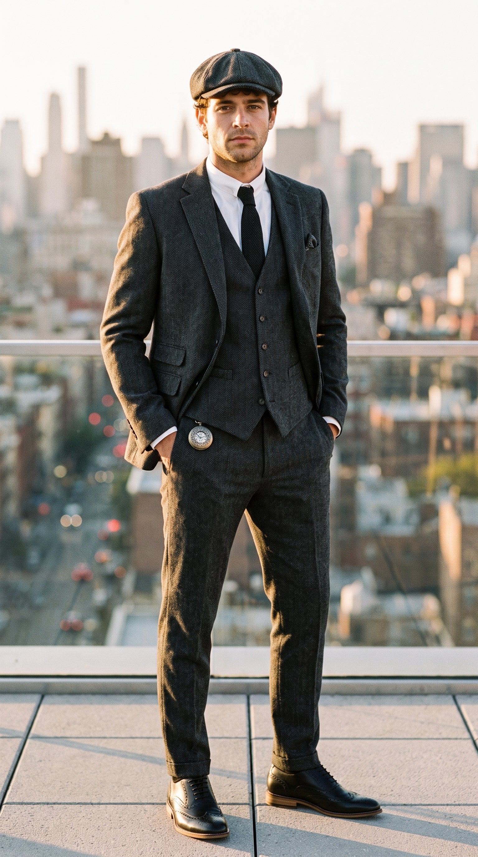 Look #830 styled with Terno masculino de tweed espinha de peixe cinza carvão de 3 peças - STZ11