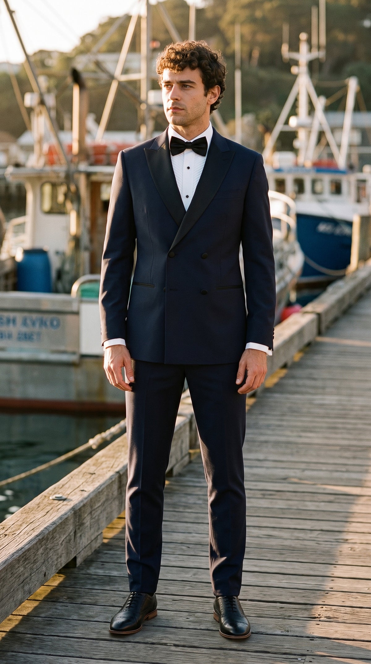 Look #802 styled with Aspen - Terno Smoking Masculino Azul Marinho de Duas Peças com Abotoamento Duplo