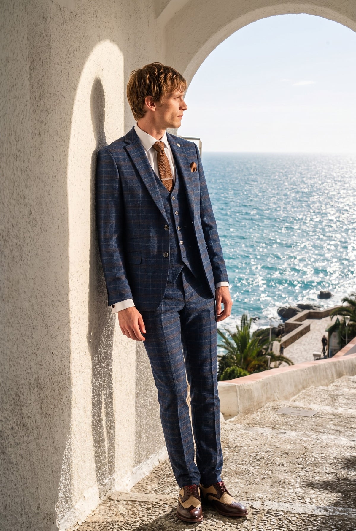 Look #936 styled with Terno masculino de três peças xadrez azul-marinho - Paul Andrew Kenneth