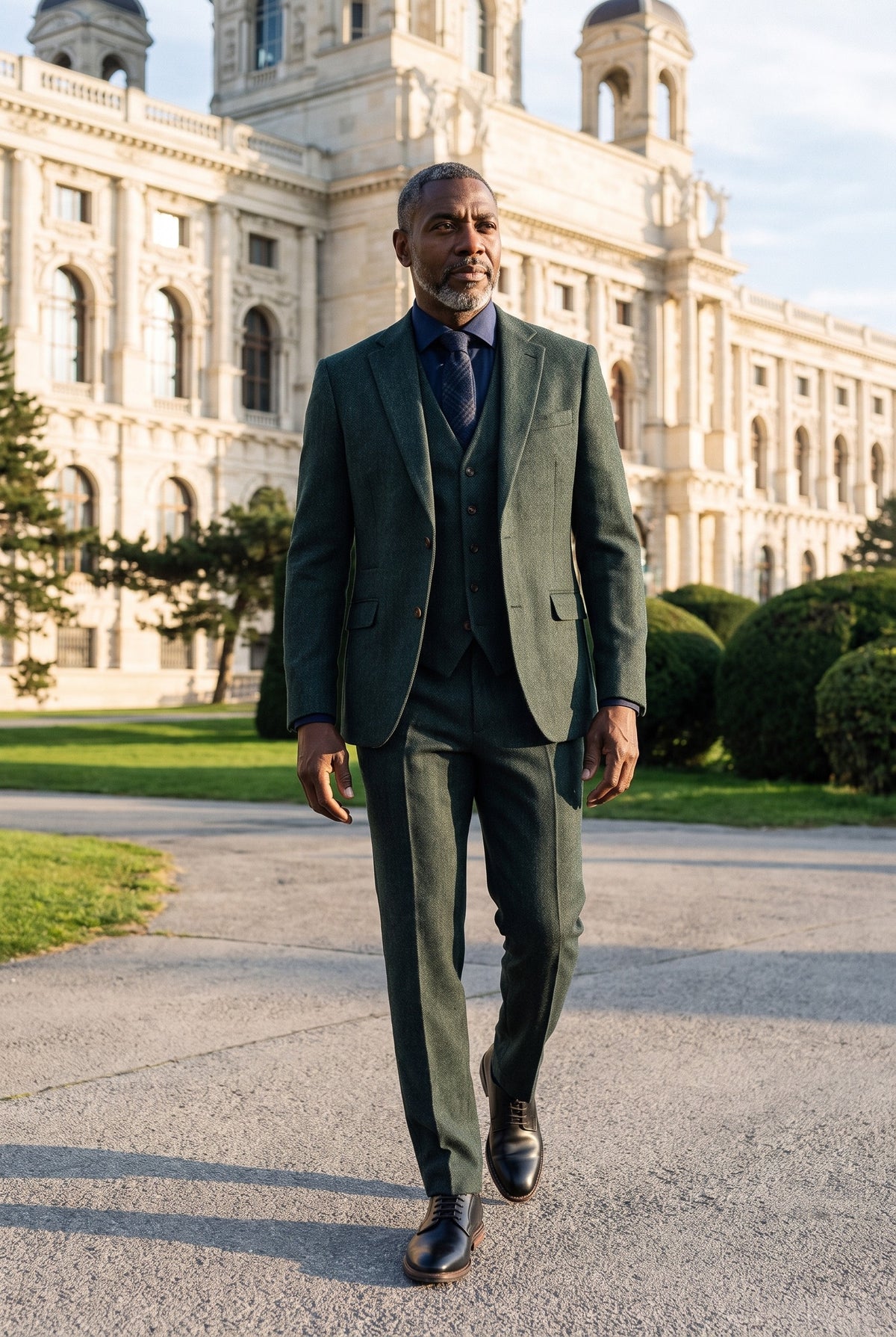 Look #957 styled with Thomas - Terno de 3 peças em tweed de lã verde-oliva