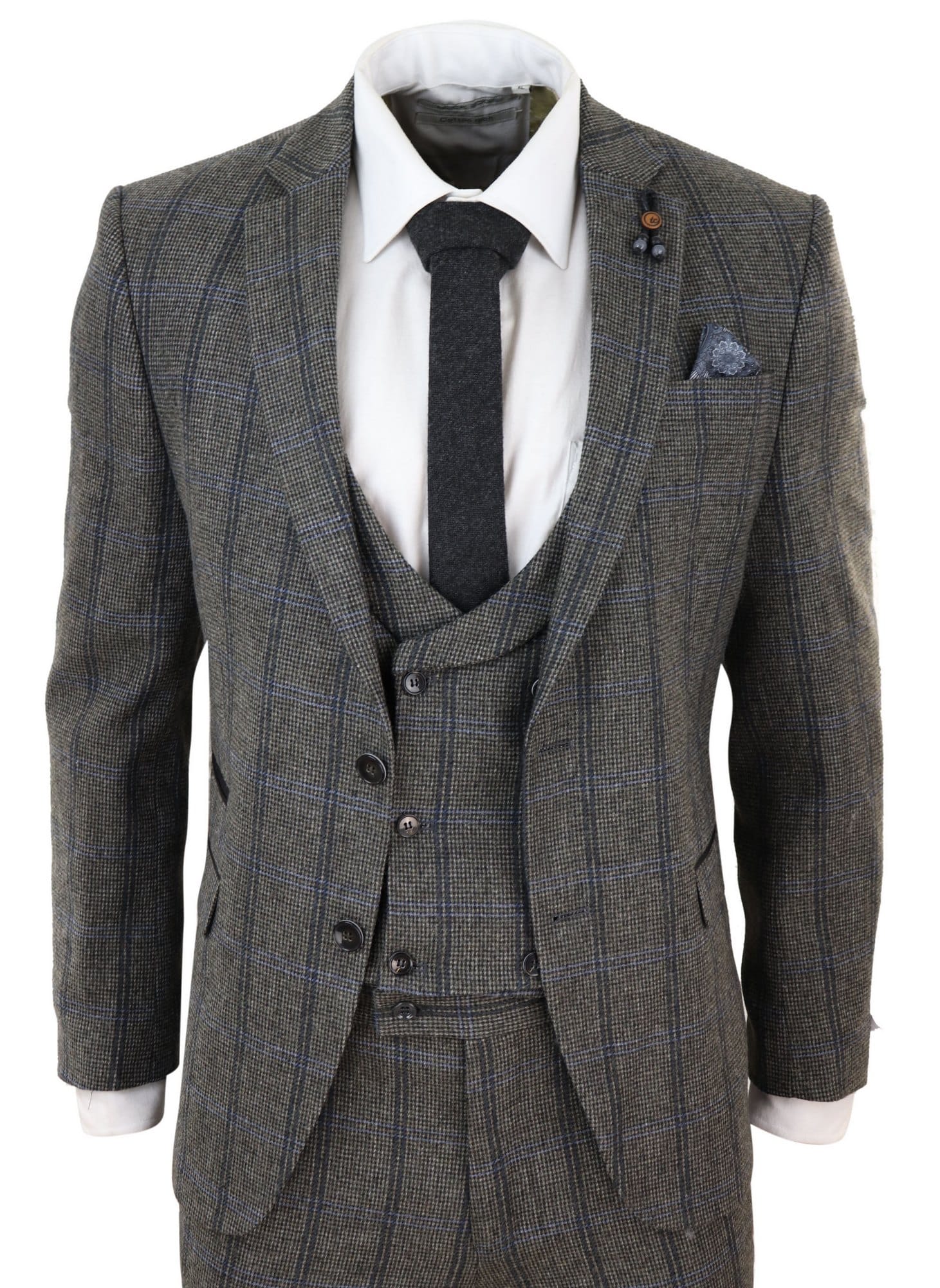 Terno de tweed de três peças com estampa xadrez cinza