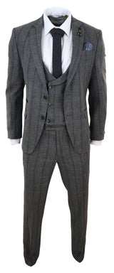 Terno de tweed de três peças com estampa xadrez cinza