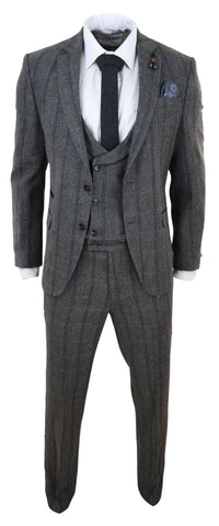 Terno de tweed de três peças com estampa xadrez cinza