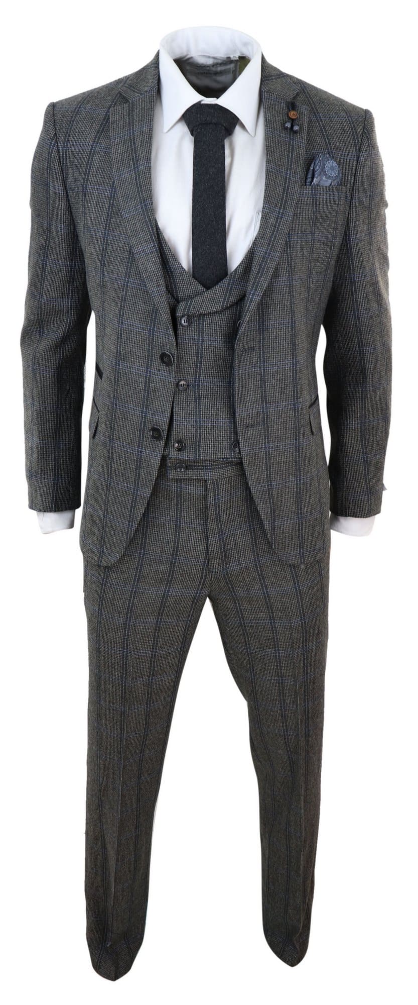 Terno de tweed de três peças com estampa xadrez cinza