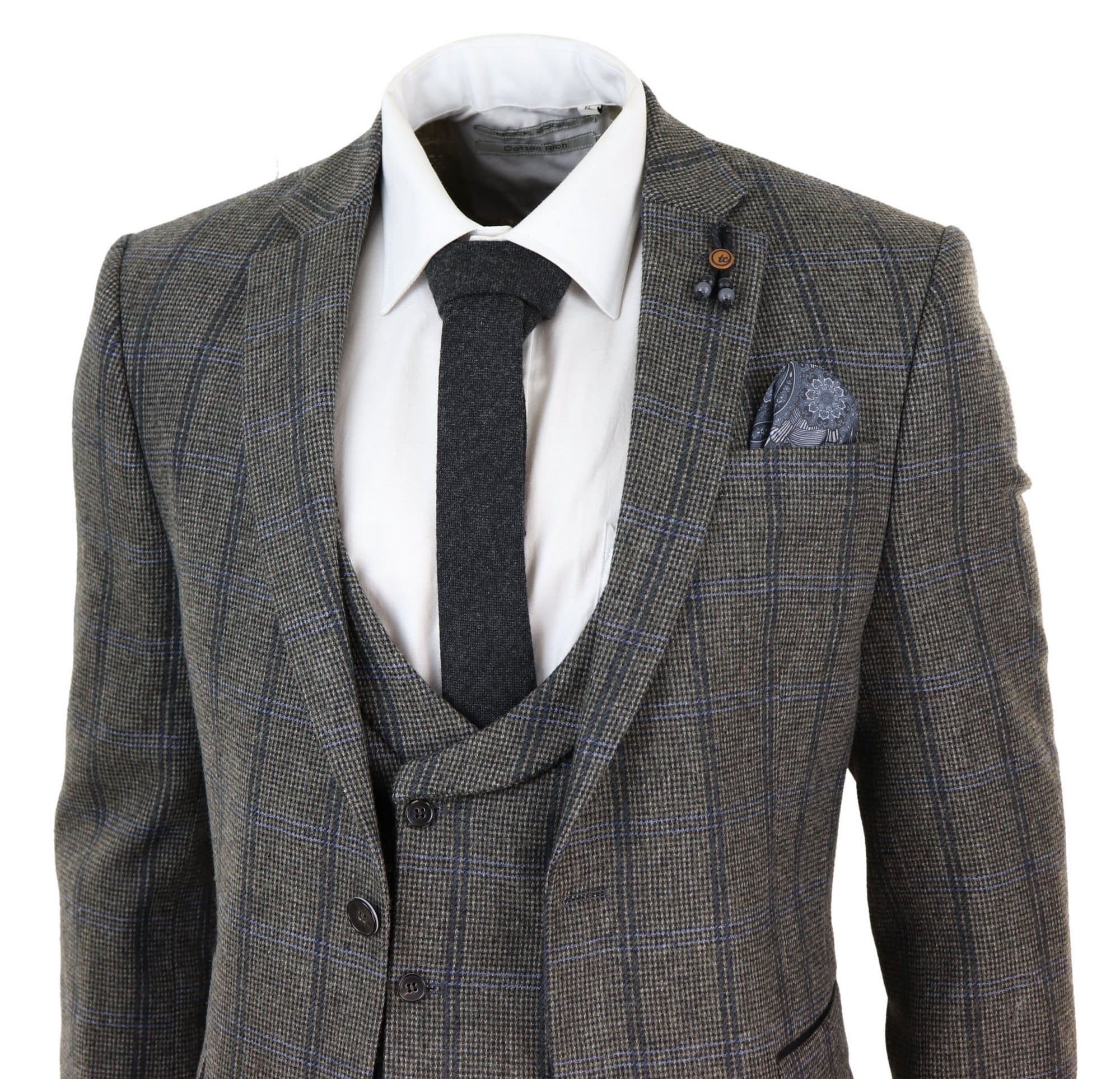 Terno de tweed de três peças com estampa xadrez cinza