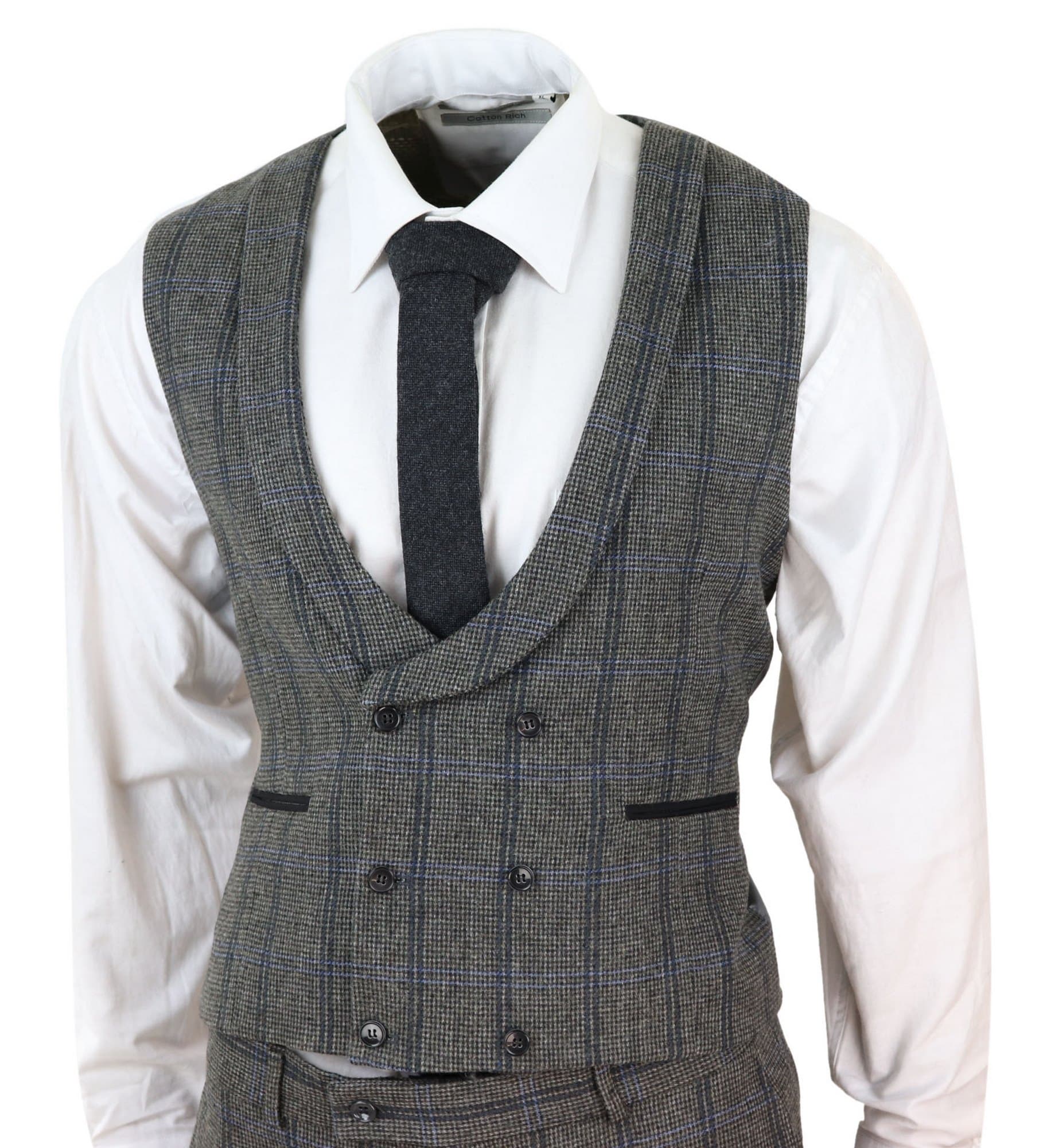Terno de tweed de três peças com estampa xadrez cinza