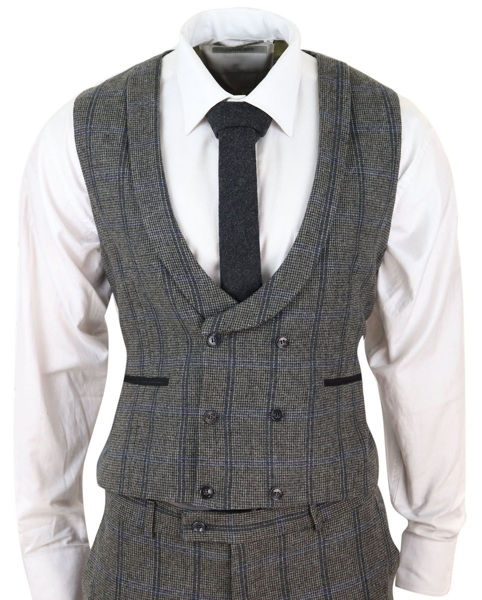 Terno de tweed de três peças com estampa xadrez cinza