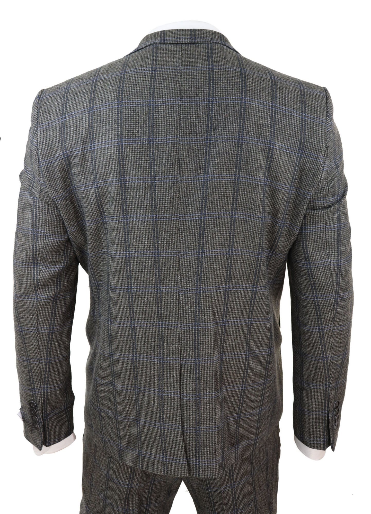 Terno de tweed de três peças com estampa xadrez cinza