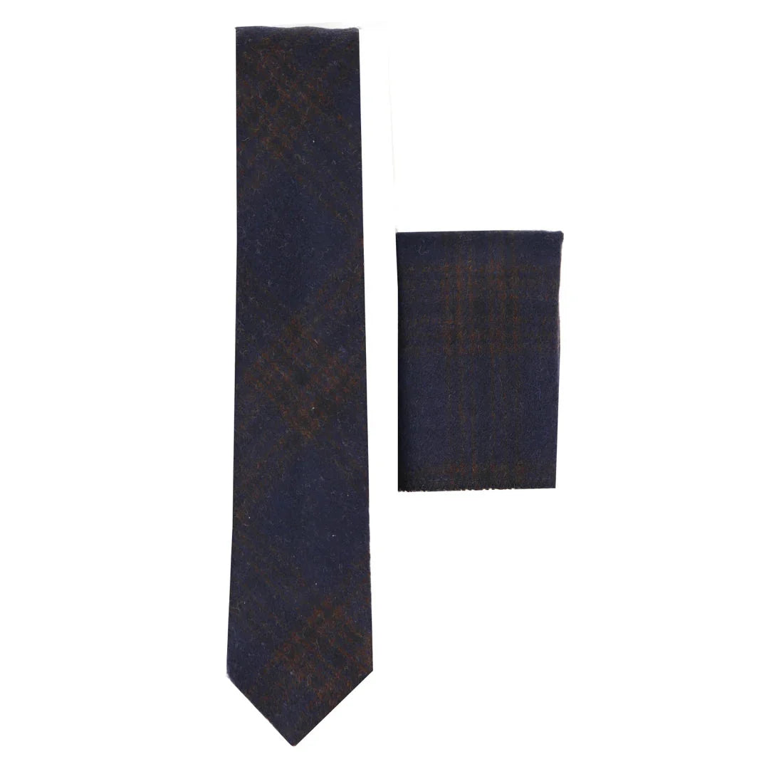 281 - Gravata e lenço de bolso masculinos em lã tweed azul espinha de peixe, 5 cm (2")