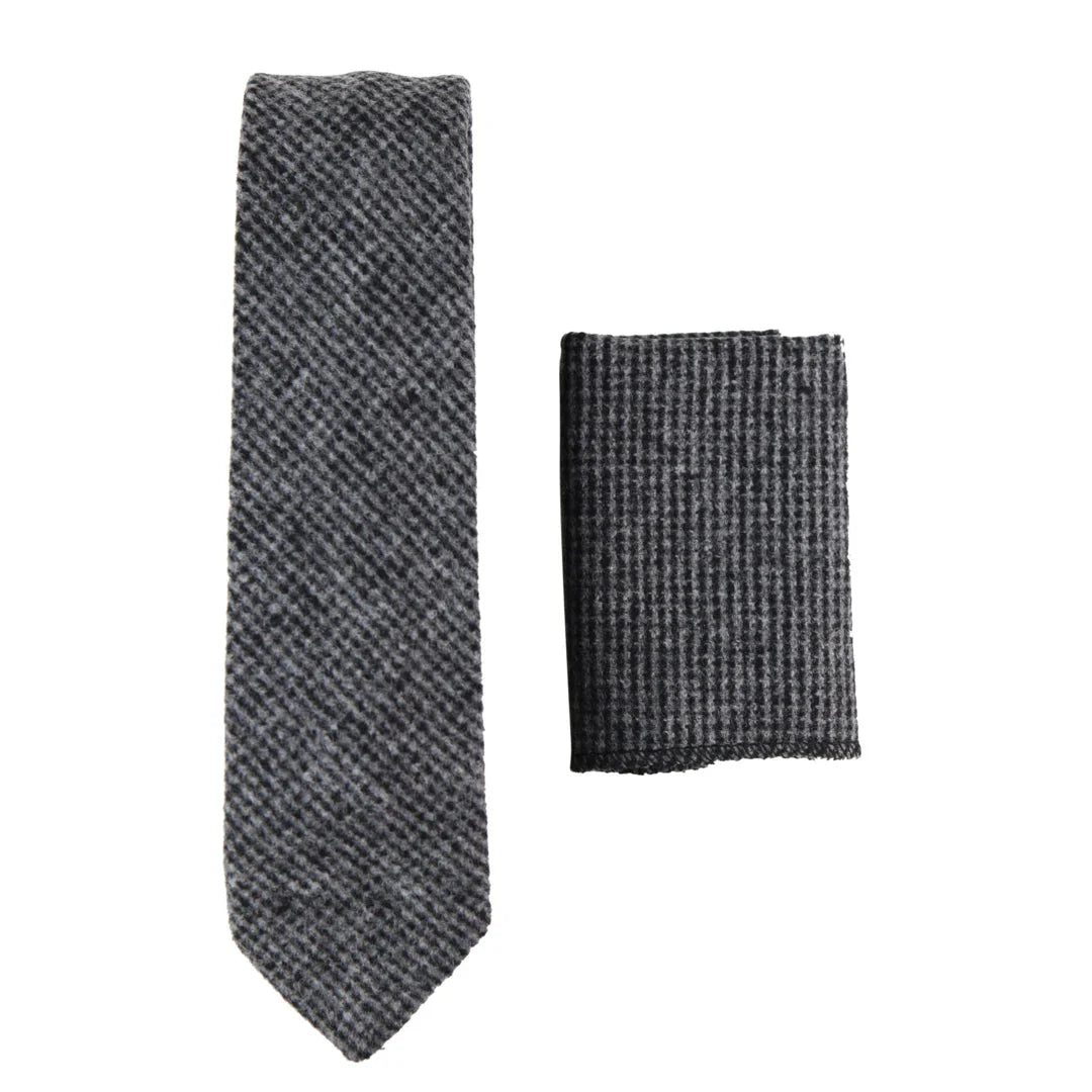 281 - Gravata e lenço de bolso masculinos em lã tweed cinza espinha de peixe, 5 cm (2")