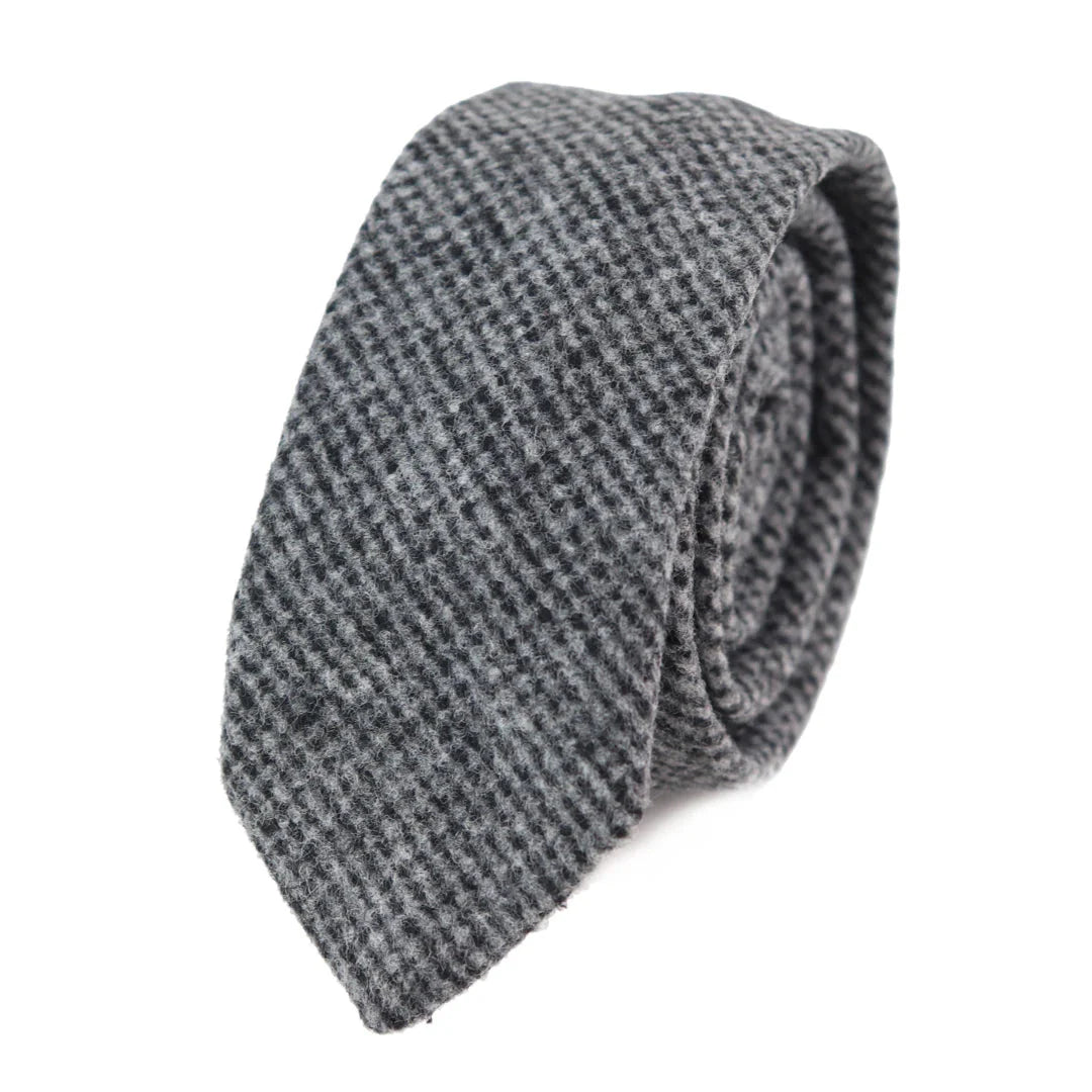 281 - Gravata e lenço de bolso masculinos em lã tweed cinza espinha de peixe, 5 cm (2")