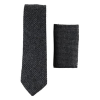 281 - Gravata e lenço de bolso masculinos em lã tweed espinha de peixe cor carvão, 5 cm (2")