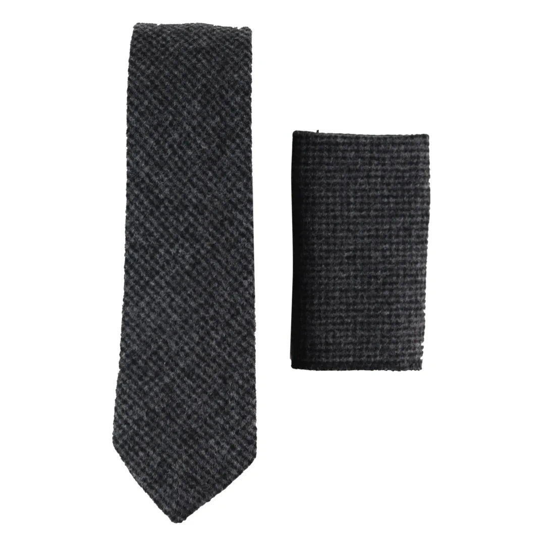 281 - Gravata e lenço de bolso masculinos em lã tweed espinha de peixe cor carvão, 5 cm (2")