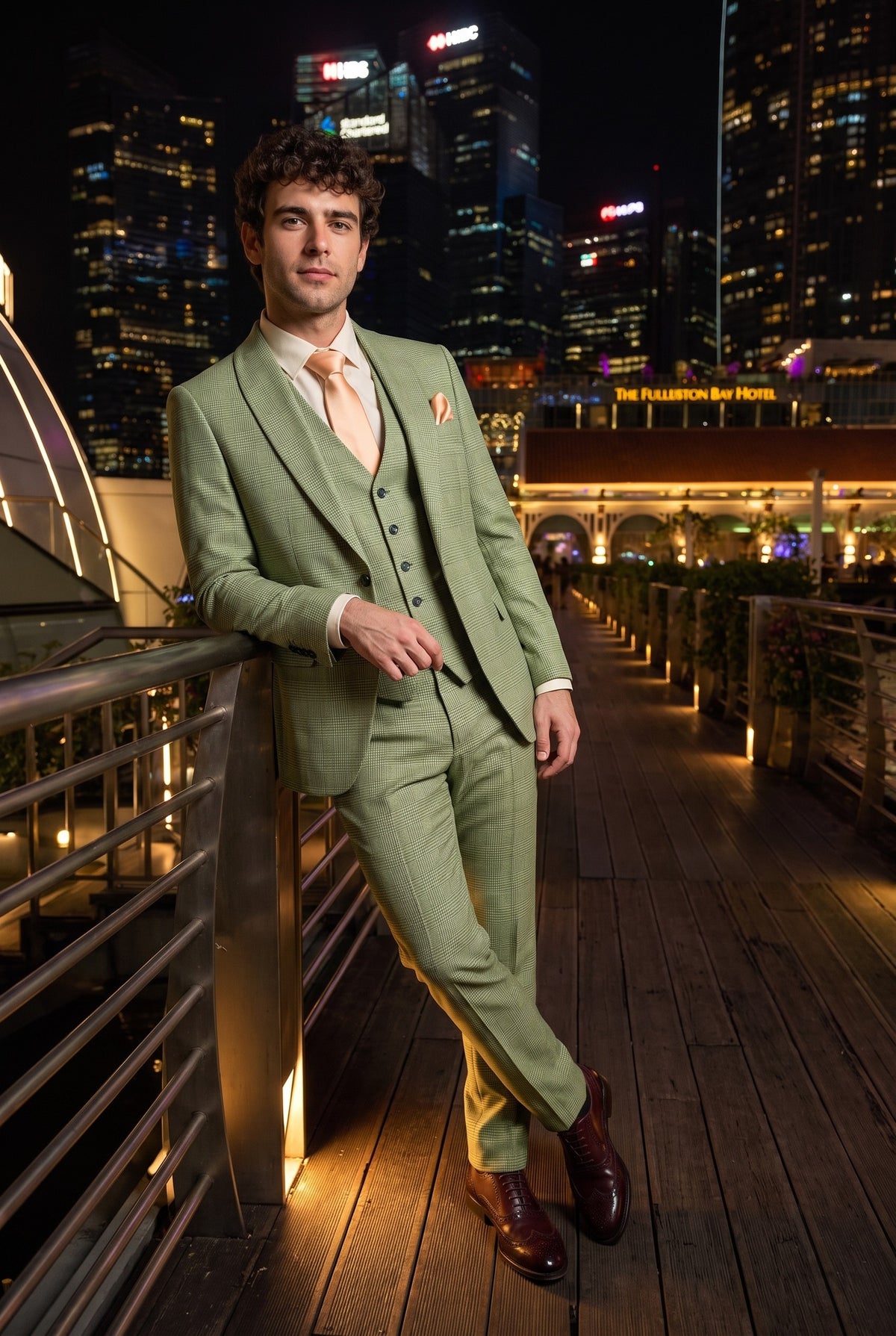 Look #308 styled with Caridi - Terno xadrez de 3 peças verde sálvia para homem