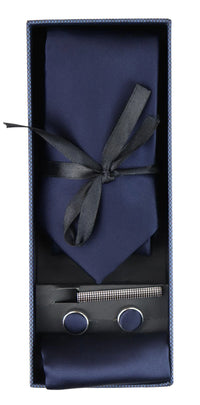 Conjunto de presente em cetim de seda azul-marinho com gravata, lenço de bolso, abotoaduras e cetim brilhante.