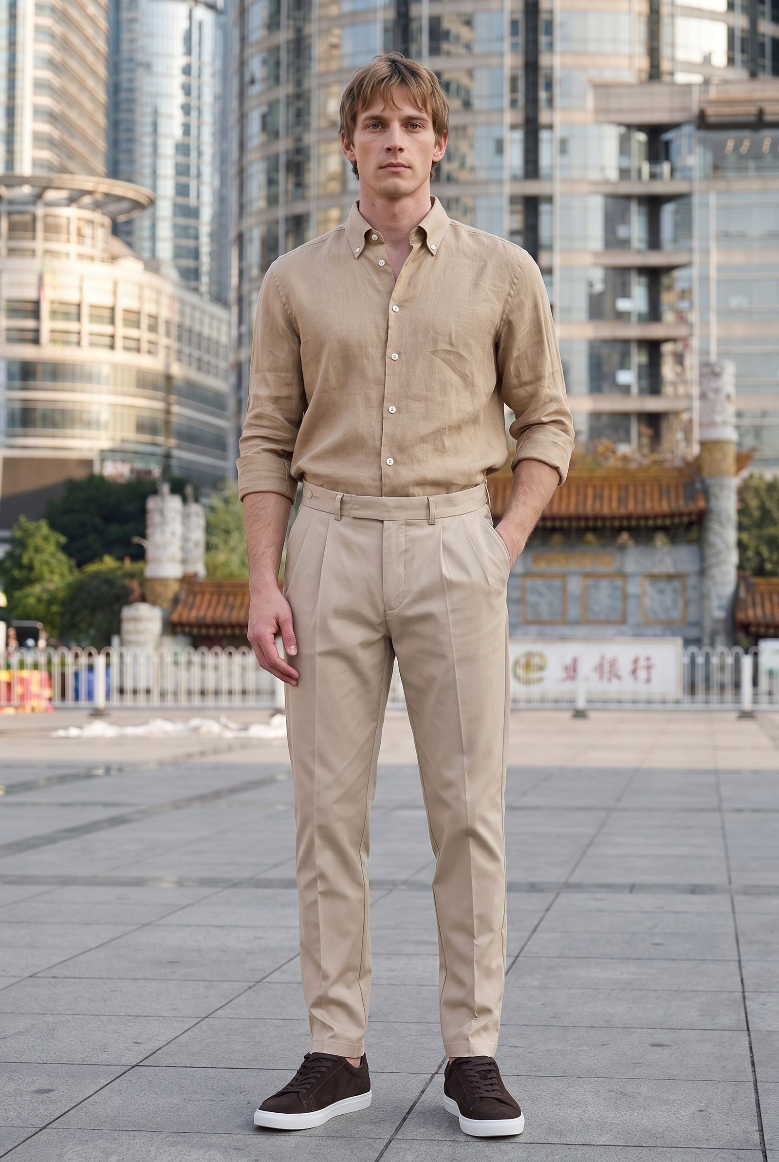 Look #1022 styled with Camisa masculina de linho puro marrom camelo, manga comprida, com botões, para o verão.