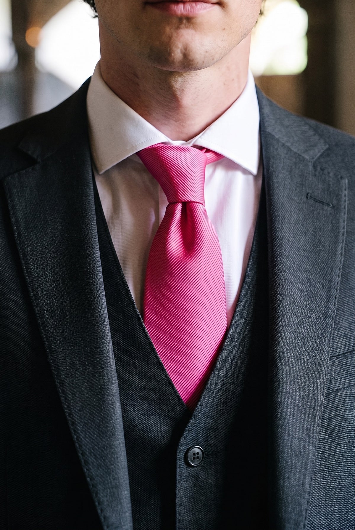 Gravata masculina rosa lisa e fina