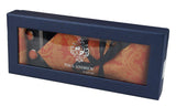 Conjunto de presente com gravata laranja paisley, lenço de bolso, abotoaduras e gravata floral de cetim.