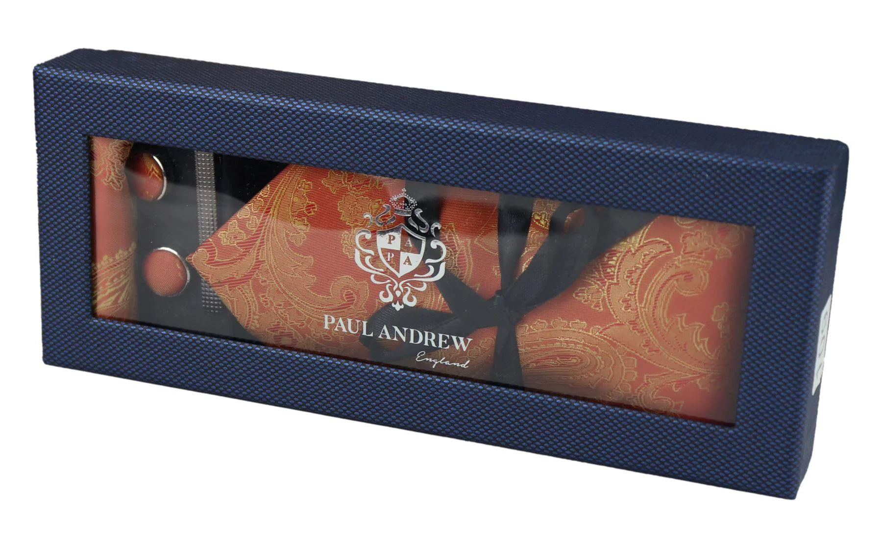 Conjunto de presente com gravata laranja paisley, lenço de bolso, abotoaduras e gravata floral de cetim.