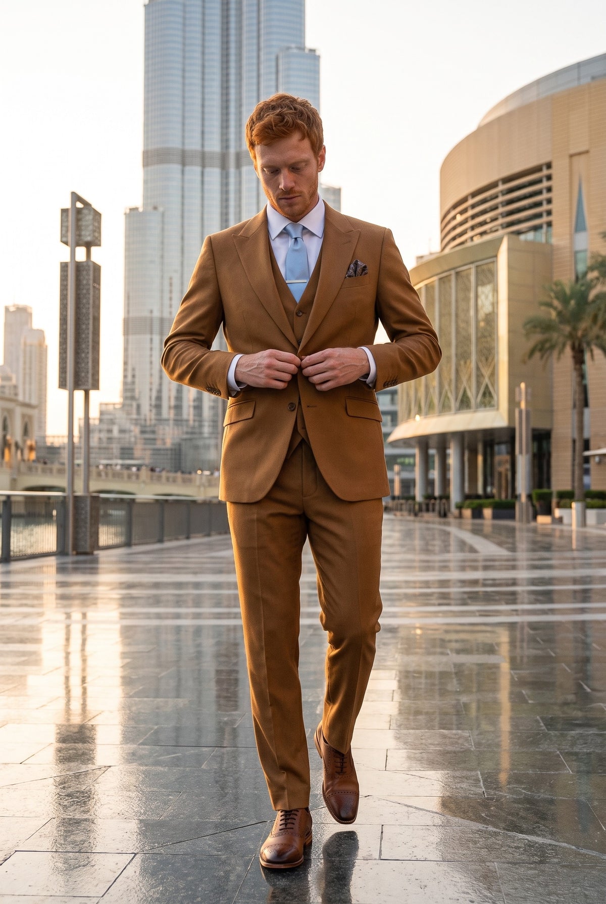 Look #952 styled with James - Terno masculino de lã marrom-camelo de 3 peças com corte sob medida.
