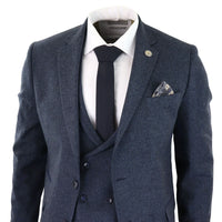 Terno masculino de 3 peças em tweed azul espinha de peixe