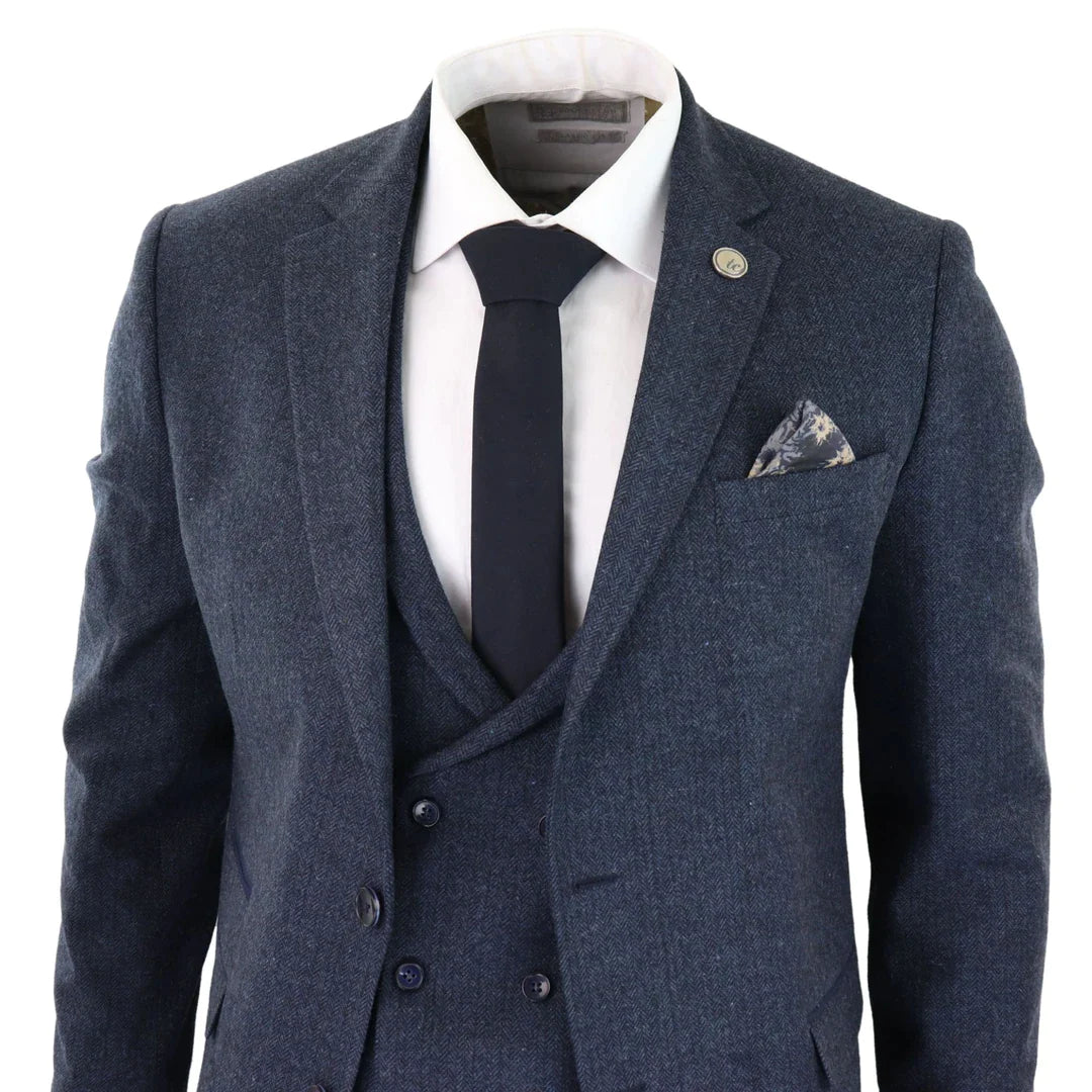 Terno masculino de 3 peças em tweed azul espinha de peixe