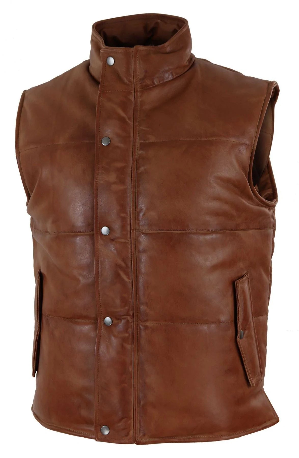 Colete masculino de couro legítimo, acolchoado, estilo puffer, quente, com zíper, casual, bege.