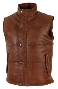 Colete masculino de couro legítimo, acolchoado, estilo puffer, quente, com zíper, casual, bege.