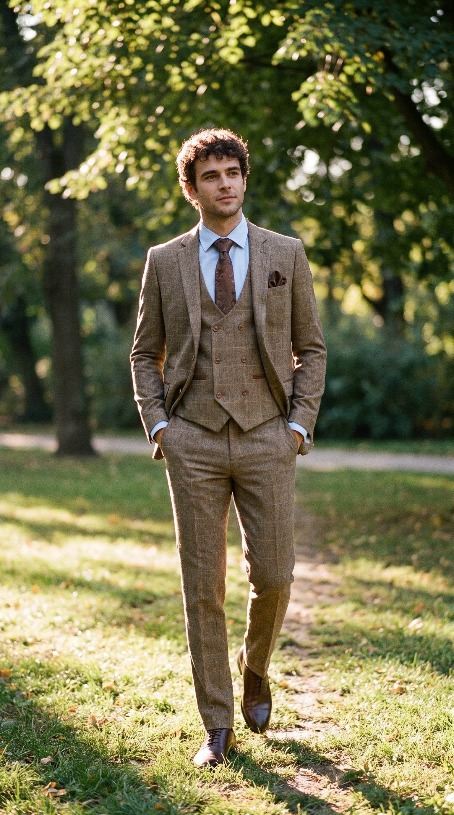 Look #343 styled with Terno masculino de 3 peças em tweed espinha de peixe com estampa xadrez em tons de marrom e bege, corte sob medida, corte duplo clássico.