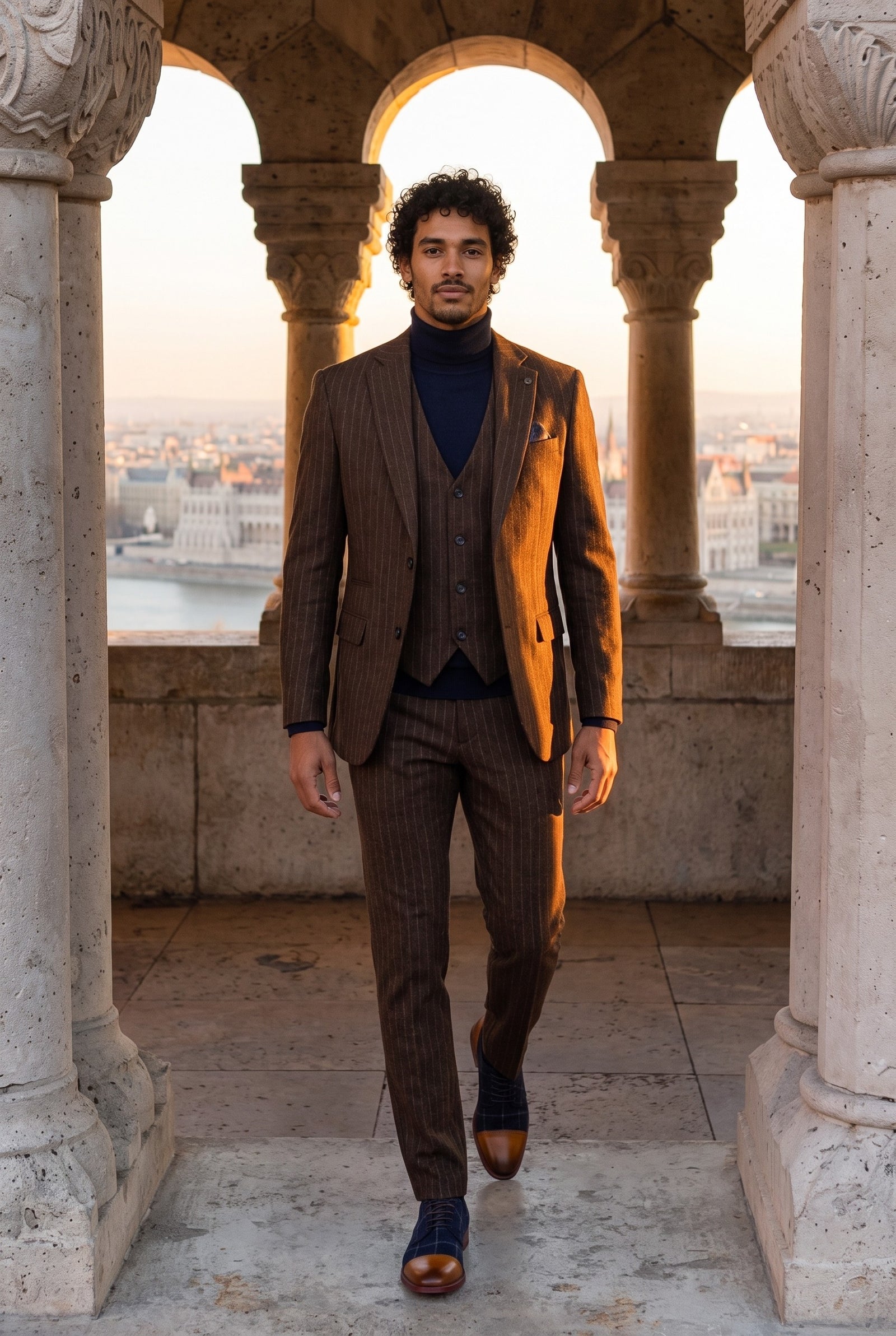 Look #959 styled with Suéter masculino de gola alta azul-marinho, em malha macia de viscose com mangas compridas.