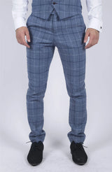 Calças masculinas Marc Darcy em tweed azul claro com estampa xadrez marinho, corte slim, modelo casual elegante, modelo Clinton.