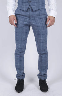 Calças masculinas Marc Darcy em tweed azul claro com estampa xadrez marinho, corte slim, modelo casual elegante, modelo Clinton.