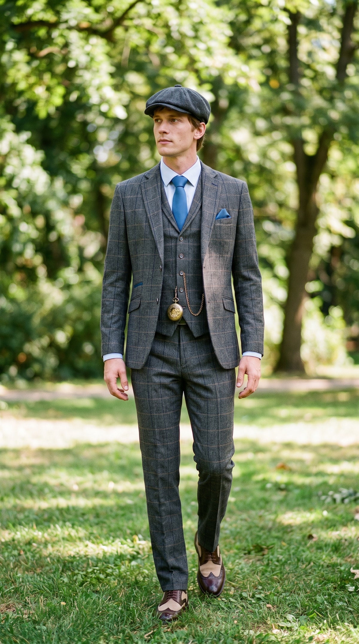 Look #132 styled with Terno masculino Cavani Albert em tweed espinha de peixe com estampa xadrez, 3 peças, cor carvão.