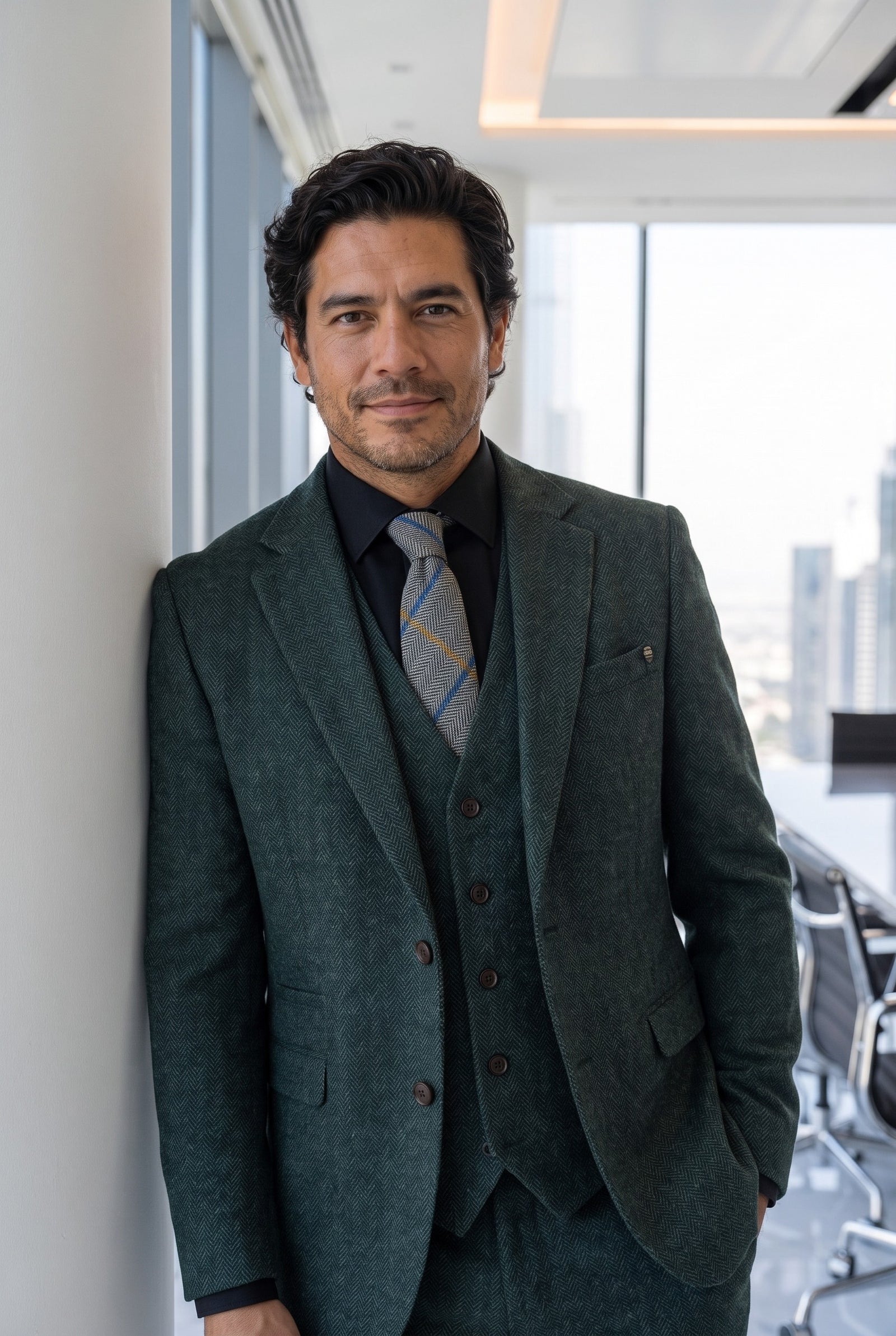 Look #976 styled with Thomas - Terno de 3 peças em tweed de lã verde-oliva
