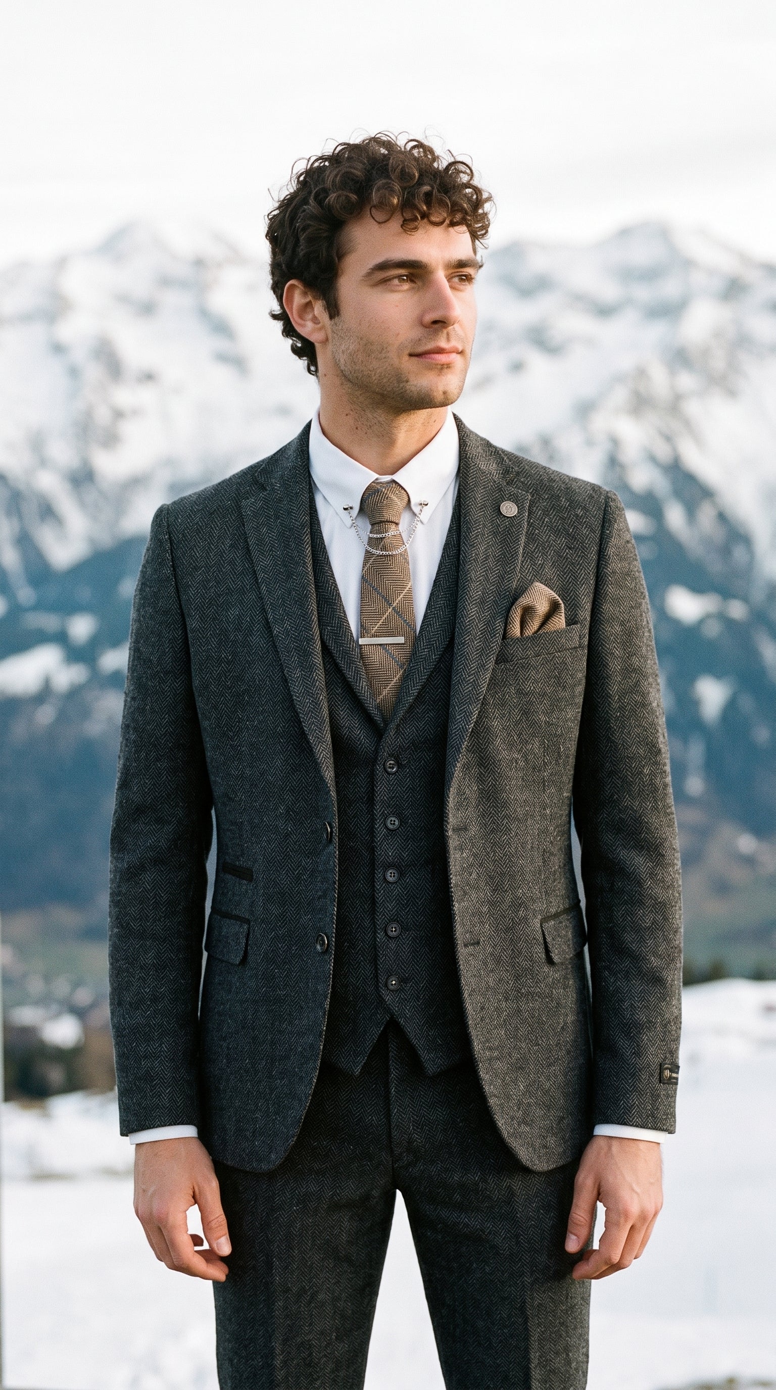 Look #637 styled with Terno masculino de tweed espinha de peixe cinza carvão de 3 peças - STZ11