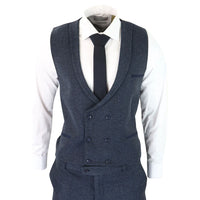 Terno masculino de 3 peças em tweed azul espinha de peixe