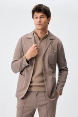 Conjunto de blazer e calça social masculino em malha macia marrom